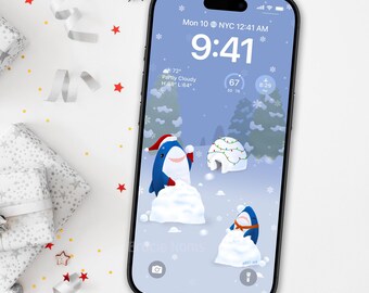 Christmas Shark Blahaj Snowball Fight Phone Wallpaper (Hi-res Digital Download)