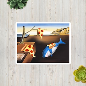 Cute shark Salvador Brucie The Persistence of Pizza stickers | water resistant fun kawaii kids laptop vinyl decal famous painting parody fun
