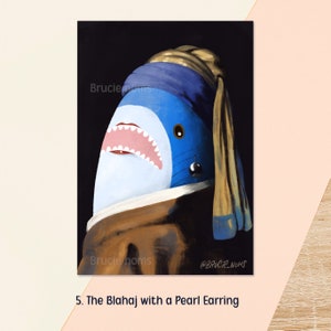 5. The Blahaj with a Pearl Earring
Kawaii blue shark parody of Vermeer's Girl with a Pearl Earring, with the subject reimagined as a blue plush shark wearing the signature pearl earring