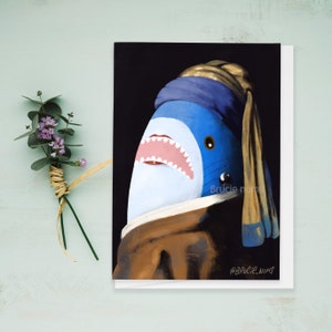 The Blahaj with a Pearl Earring Greeting card | famous satire fun painting ikea baby shark diner cute art kawaii shark parody postcard