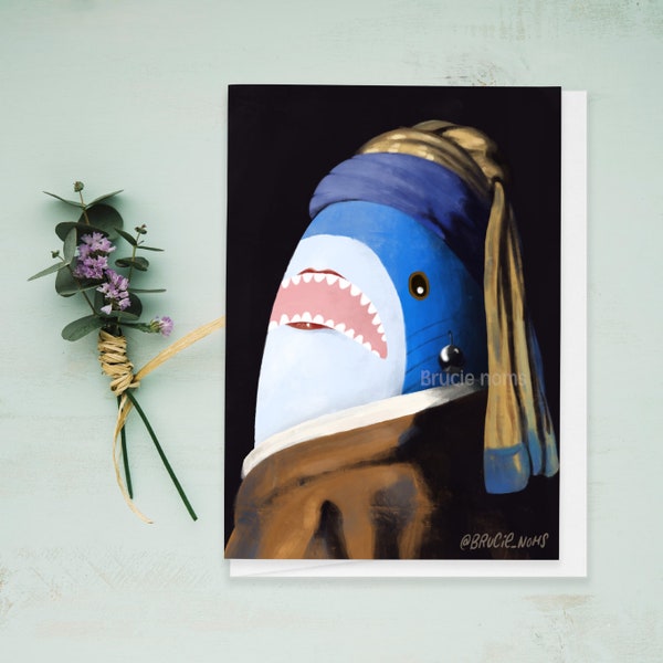 The Blahaj with a Pearl Earring Greeting card | famous satire fun painting ikea baby shark diner cute art kawaii shark parody postcard
