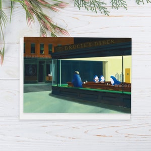 Nighthawks: Blahaj Niedliche Haie Edition Grußkarte | berühmte Satire Spaß Malerei ikea Baby Hai Diner niedliche Kunst kawaii Hai Parodie Postkarte