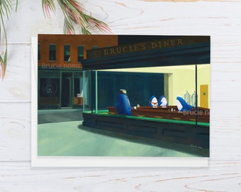 Nighthawks: Blahaj Cute Shark Edition Greeting card | famous satire fun painting ikea baby shark diner cute art kawaii shark parody postcard