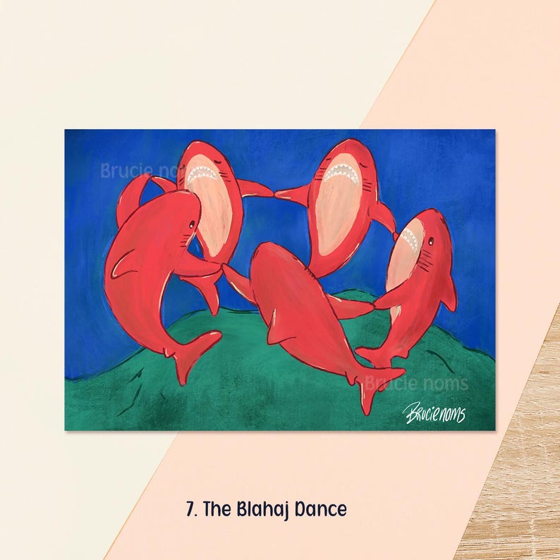7. The Blahaj Dance
Kawaii blue shark parody of Matisse's The Dance, with the ring of dancing figures replaced by blue plush sharks on a vivid blue and green background