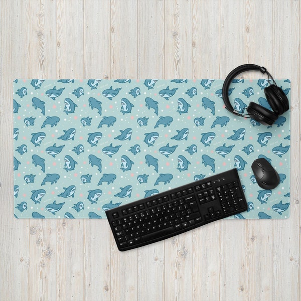 Cute Shark Blahaj Gaming Desk Mat | Lofi Kawaii Gaming Mouse Pad, Turquoise Deskpad, Laptop Mat, Cute Desk Accessories, Kawaii Desk Decor