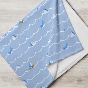 Cute Shark/Blahaj Swimming and Surfing in the Ocean Throw Blanket