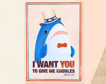 Blahaj Blue Shark 'I Want You' Parody Mini Art Print | Funny Cuddle Gift