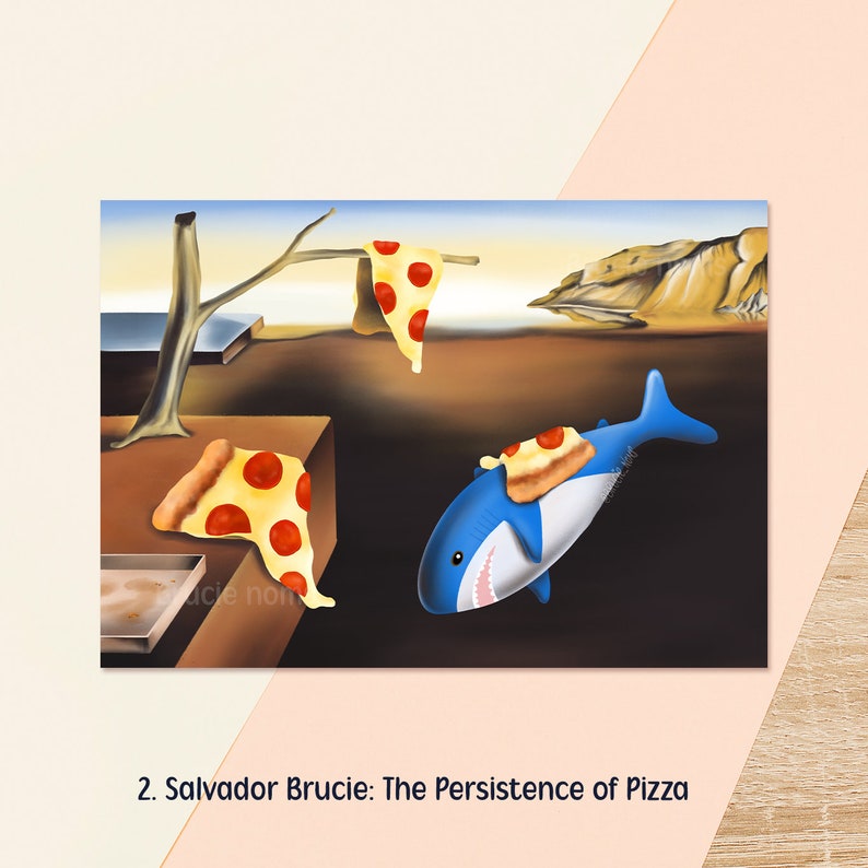2. Savador Brucie: The Persistence of Pizza
Kawaii blue shark parody of Salvador Dalí's The Persistence of Memory, with melting clocks replaced by melting pizza slices