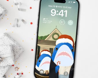 Blahaj Christmas Shark iPhone Wallpaper: American Gothic Parody (Digital Download)