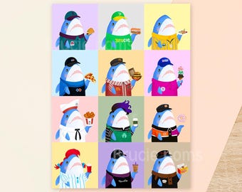 Blahaj Blue Shark Fast Food Chains Parody Art Print | Illustrated Unique Mini Postcard