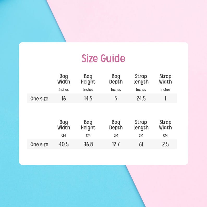 May include: A size guide on a white background with a pink and blue gradient. The guide shows bag dimensions in inches and centimeters. The bag width is 16 inches (40.5 cm), height is 14.5 inches (36.8 cm), and depth is 5 inches (12.7 cm).