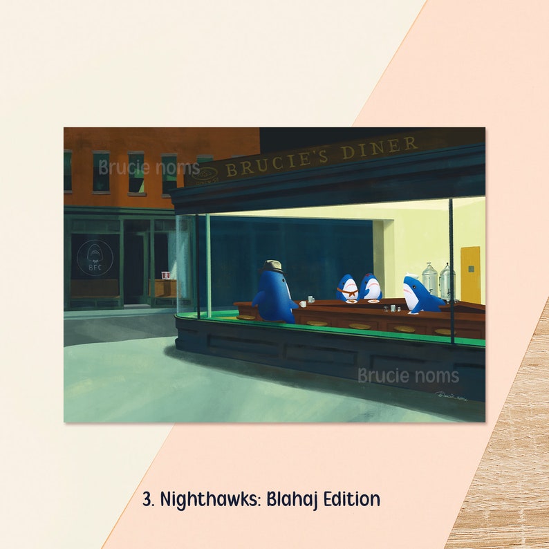 3. Nighthawks: Blahaj Edition
Kawaii blue shark parody of Edward Hopper's Nighthawks, with the diner scene recreated using plush blue sharks as the figures