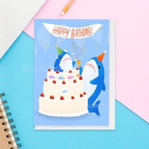 Niedliche Hai Blahaj Happy Birthday Grußkarte | baby kawaii Konfetti ikea Hai Feier Kuchen Party fun Fisch Freunde Karte Geschenk für Kinder