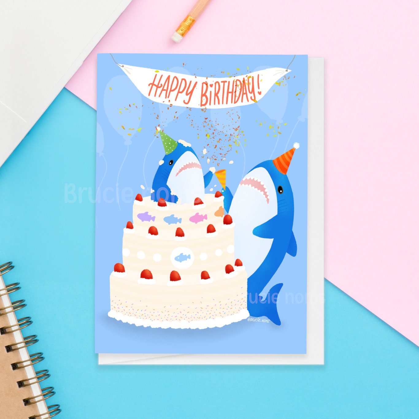 Cute shark Blahaj Happy Birthday Greeting card | baby kawaii confetti ikea shark celebration cake party fun fish friends card gift for kids