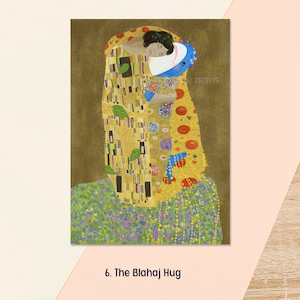 6. The Blahaj Hug
Kawaii blue shark parody of Klimt's The Kiss, with the embracing couple reimagined as two blue plush sharks in a golden mosaic setting