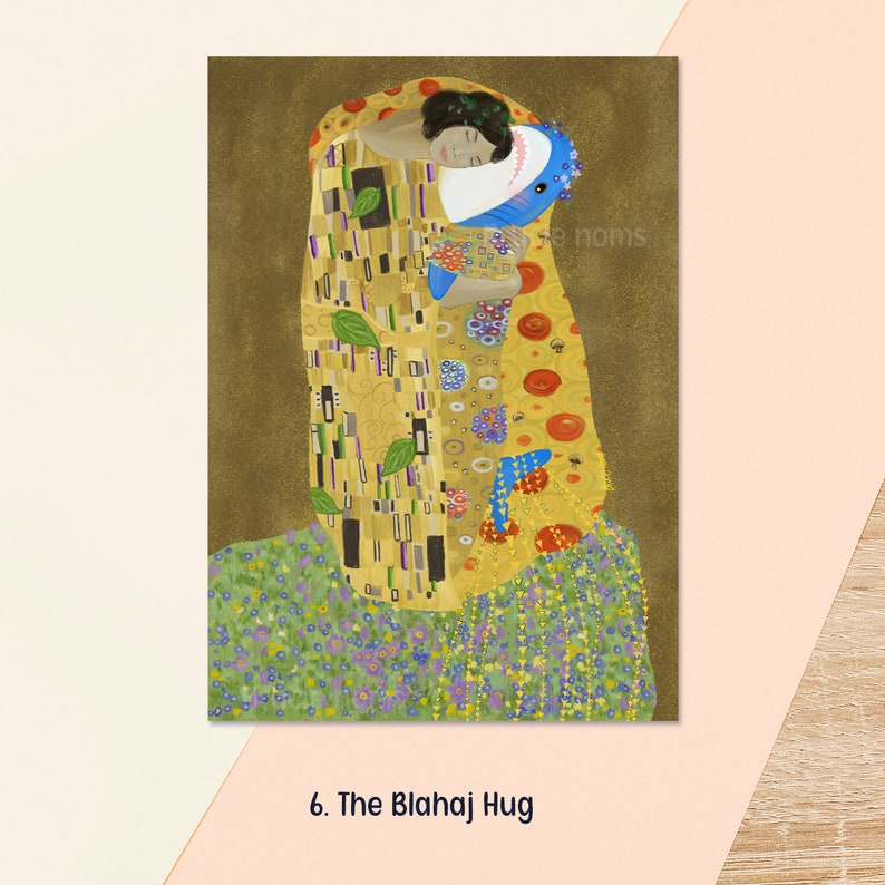 6. The Blahaj Hug
Kawaii blue shark parody of Klimt's The Kiss, with the embracing couple reimagined as two blue plush sharks in a golden mosaic setting