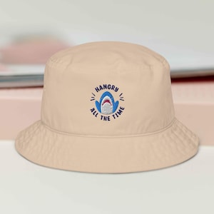 Cute Shark Blahaj Hangry All the Time Embroidered Organic Bucket Hat | shark hungry foodie angry funny summer hat great white baby kawaii