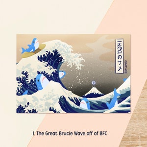 1. The Great Brucie Wave off of KFC
Kawaii blue shark parody of Hokusai's The Great Wave, with the iconic wave replaced by a shark fin and KFC branding in the background
