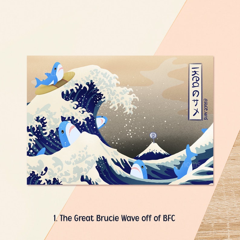 1. The Great Brucie Wave off of KFC
Kawaii blue shark parody of Hokusai's The Great Wave, with the iconic wave replaced by a shark fin and KFC branding in the background