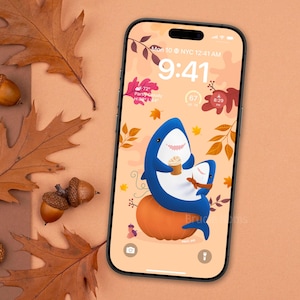 Cute Shark Blahaj Pumpkin Spice Fall Autumn mobile wallpaper | iPhone Android Maple Leaf Kawaii Smartphone Background | Instant Download