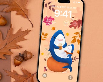 Blahaj Shark Fall Wallpaper: Pumpkin Spice Latte, Kawaii Mobile Background (Digital Download)