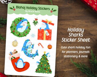 Holiday Christmas Jolly Blahaj Sharks Sticker Sheet | Kawaii Waterproof Vinyl Decals
