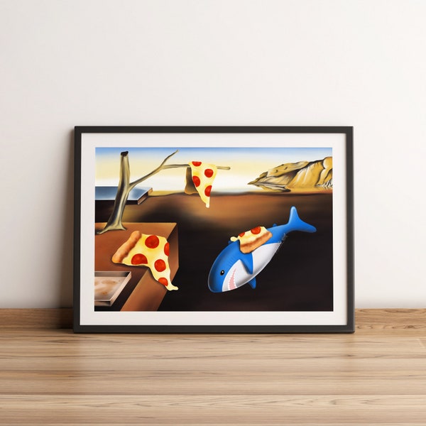 Salvador Brucie: The Persistence of Pizza Poster | Baby kawaii cute funny fun shark wall art famous parody painting gifts for kids children