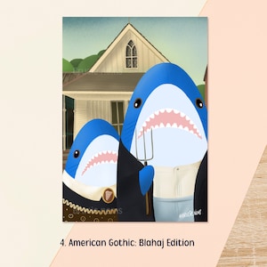 4. American Gothic: Blahaj Edition
Kawaii blue shark parody of Grant Wood's American Gothic, with the iconic farmer and wife replaced by two blue sharks holding a pitchfork