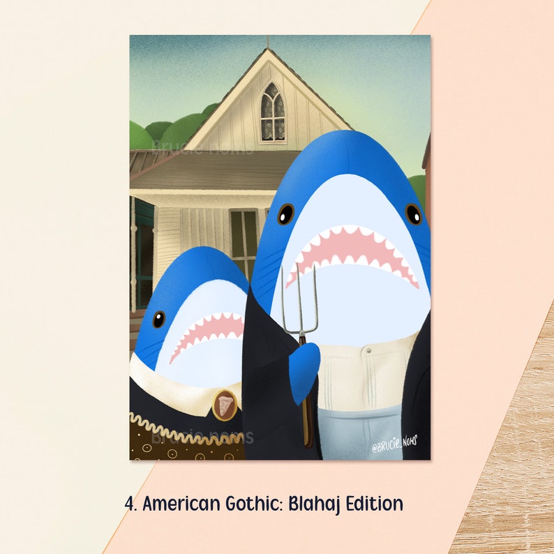 4. American Gothic: Blahaj Edition
Kawaii blue shark parody of Grant Wood's American Gothic, with the iconic farmer and wife replaced by two blue sharks holding a pitchfork