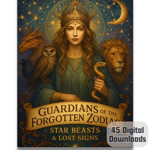May include: Digital art print featuring a woman in a teal gown and gold crown, holding a snake. A dragon, owl, lion, and crescent moon surround her against a starry night sky. The banner reads "GUARDIANS OF THE FORGOTTEN ZODIAC".