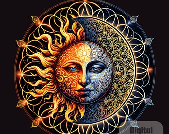 Flower of Life Cosmic Mandala: Intricate Sun and Moon Clipart | Digital Download