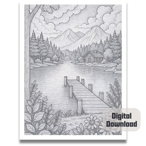 May include: A black and white pencil drawing of a lake scene with a small cabin on the shore, a wooden jetty extending into the water, and mountains in the background.