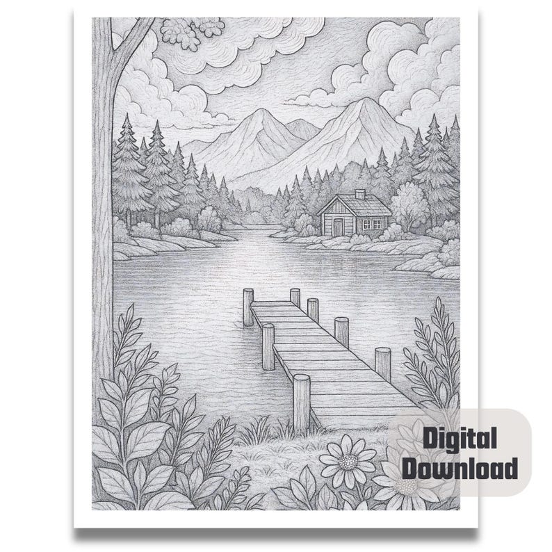 May include: A black and white pencil drawing of a lake scene with a small cabin on the shore, a wooden jetty extending into the water, and mountains in the background.
