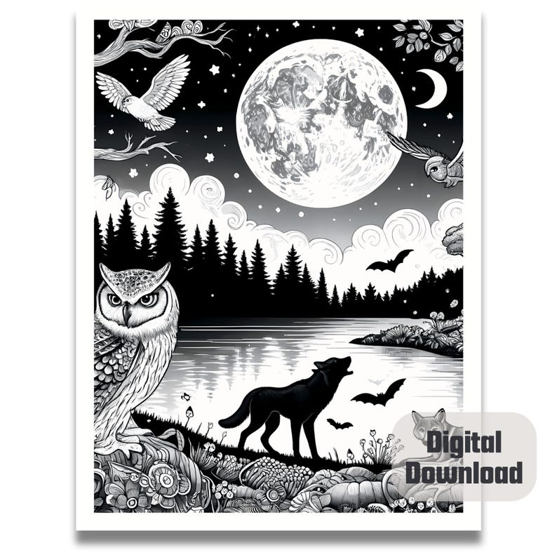 May include: Black and white illustration of a wolf howling at the moon in a forest setting. The moon is full and bright, and there are trees, a lake, and a bird in the background. There is also an owl perched on a branch.