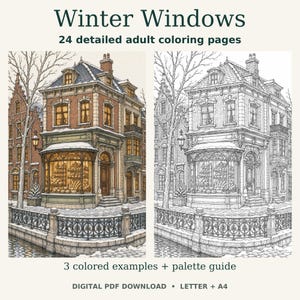 May include: Winter Windows 24 detailed adult coloring pages digital PDF download. The image displays two versions of a multi-story brick building with a storefront, one in full color and one in black and white line art, plus 3 colored examples.