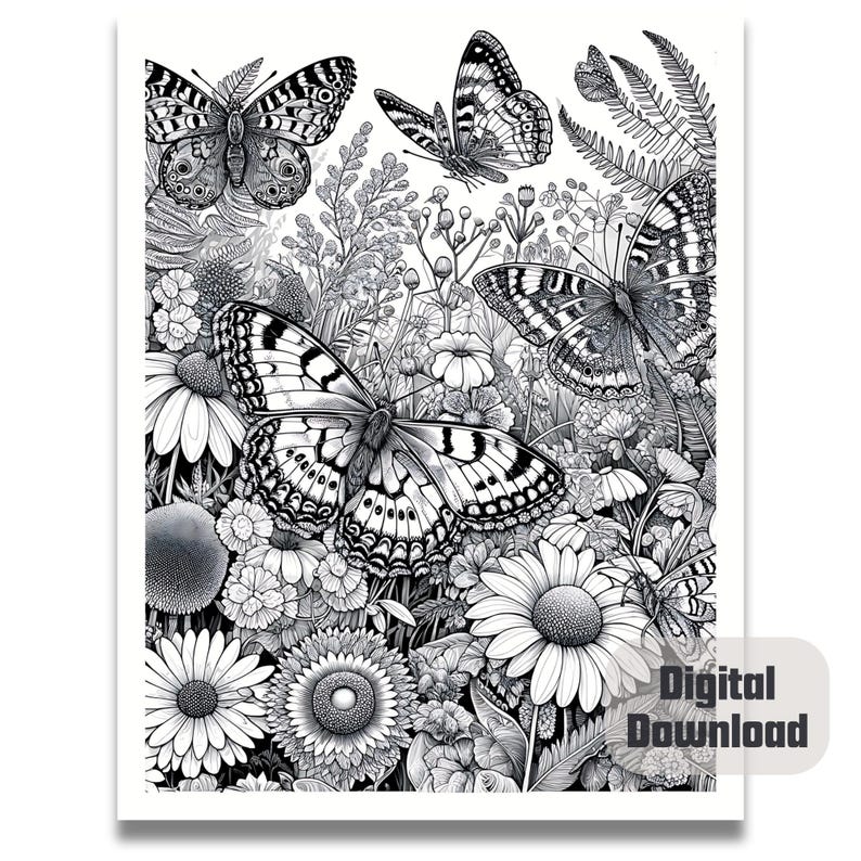 May include: Black and white line art illustration of butterflies and flowers. The butterflies are detailed and have intricate patterns on their wings. The flowers are also detailed and have delicate petals.