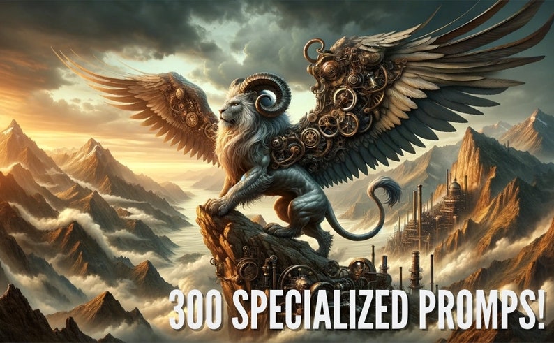 May include: An artistic depiction of a lion-like creature with mechanical wings and gears, perched atop a rocky outcrop. The background features a mountain range and a city with smokestacks. The text "300 SPECIALIZED PROMPTS!" is displayed at the bottom.
