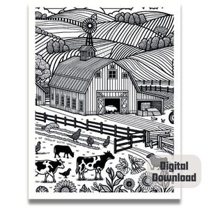 May include: Black and white line art illustration of a farm scene with a barn, cows, chickens, and a windmill. The barn has a large open door and a silo. The cows are standing in a field with fences. The chickens are walking around the farm. The windmill is in the background.