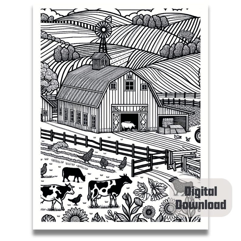 May include: Black and white line art illustration of a farm scene with a barn, cows, chickens, and a windmill. The barn has a large open door and a silo. The cows are standing in a field with fences. The chickens are walking around the farm. The windmill is in the background.