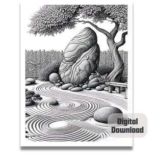 May include: A black and white illustration of a zen garden featuring a large rock, a tree, and a winding path of raked sand.