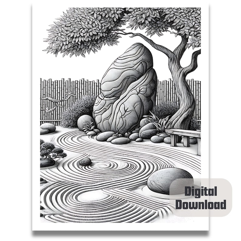 May include: A black and white illustration of a zen garden featuring a large rock, a tree, and a winding path of raked sand.
