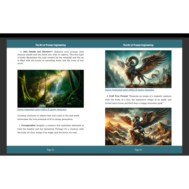 May include: A two-page spread from a book titled "The Art of Prompt Engineering." The left page features a waterfall scene, while the right page showcases a fantastical creature with lion body, eagle wings, and ram horns. Text describes AI image generation.