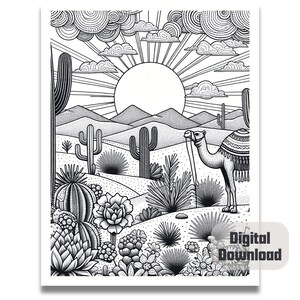 May include: A black and white line drawing of a desert scene with a camel, cacti, and a sun. The camel is walking to the right and has a saddle and tassels. The sun is in the upper center of the image and has rays coming out of it. The cacti are in the foreground and background of the image.