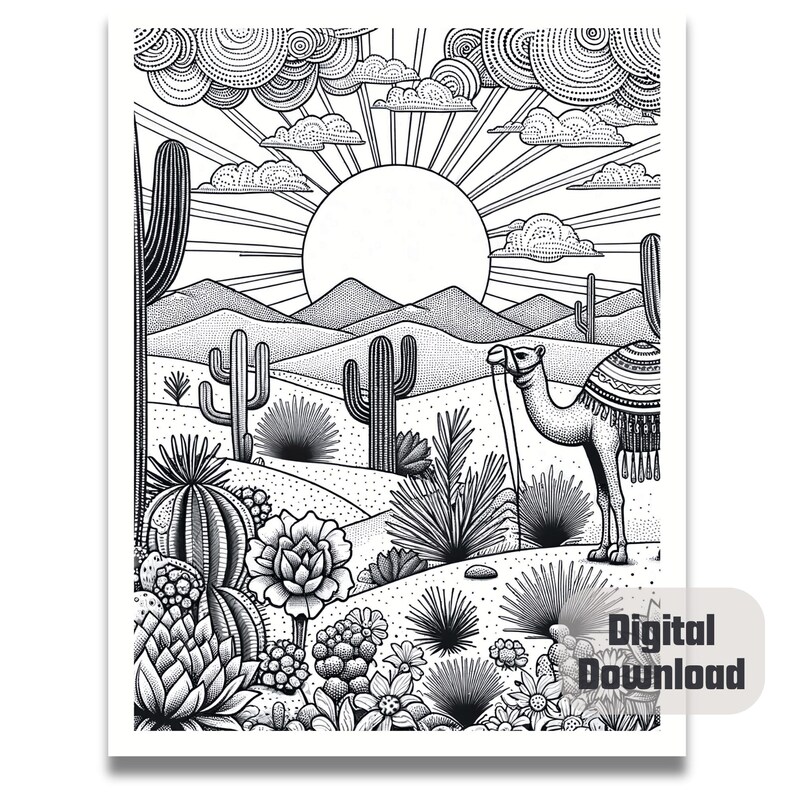 May include: A black and white line drawing of a desert scene with a camel, cacti, and a sun. The camel is walking to the right and has a saddle and tassels. The sun is in the upper center of the image and has rays coming out of it. The cacti are in the foreground and background of the image.