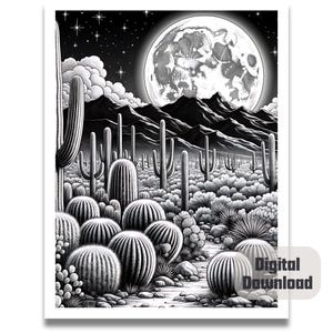 May include: Black and white illustration of a desert landscape at night with a full moon, mountains, and cacti. The cacti are in the foreground and the moon is in the background.