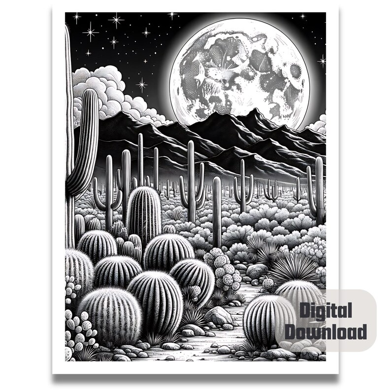 May include: Black and white illustration of a desert landscape at night with a full moon, mountains, and cacti. The cacti are in the foreground and the moon is in the background.
