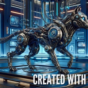 May include: A futuristic, mechanical dog sculpture with intricate details, set in a high-tech environment. The sculpture is primarily silver and black, with glowing blue accents. The image includes the text "CREATED WITH DALL-E".