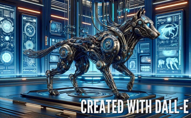 May include: A futuristic, mechanical dog sculpture with intricate details, set in a high-tech environment. The sculpture is primarily silver and black, with glowing blue accents. The image includes the text "CREATED WITH DALL-E".