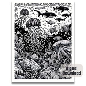 May include: Black and white illustration of an underwater scene with an octopus, jellyfish, fish, and coral. The octopus has eight tentacles and is in the foreground. The jellyfish are in the background and have long tentacles. The fish are swimming around the coral.
