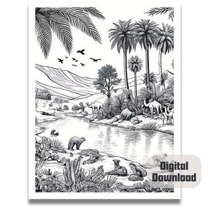 May include: A black and white illustration of a desert oasis with palm trees, camels, and other animals. The scene is drawn in a detailed and realistic style.